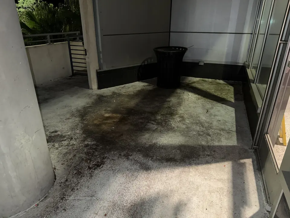 Building entrance walkway before pressure cleaning
