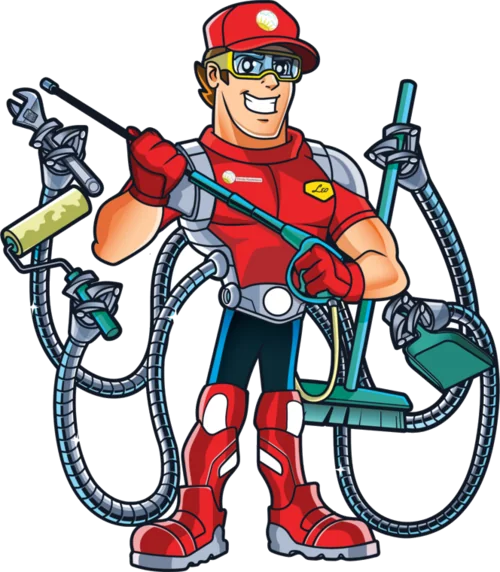 Leo, the Florida Maintenance mascot, holding commercial cleaning tools